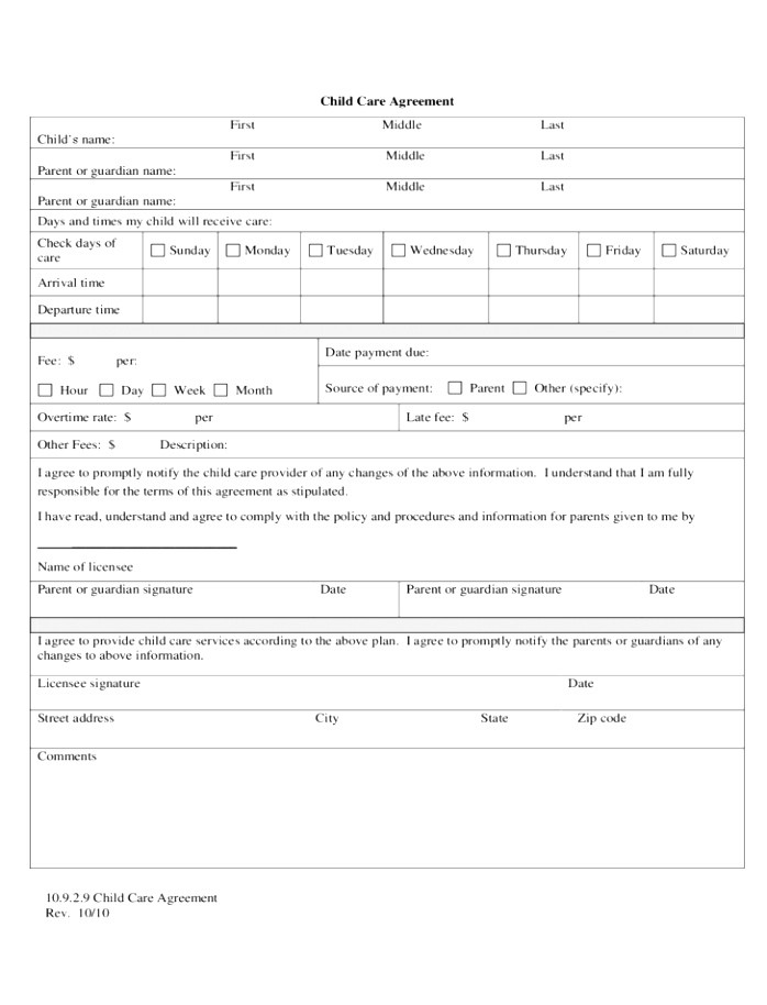 child care agreement template