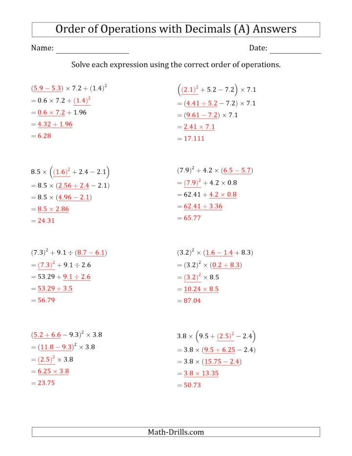 algebra order of operations worksheet