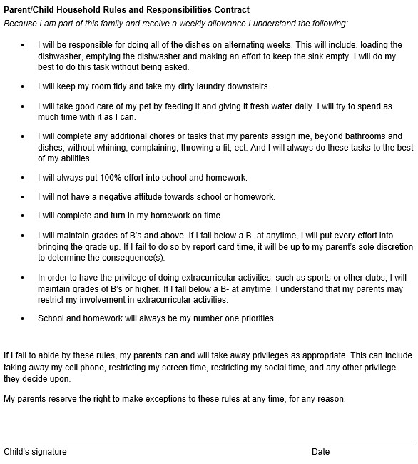 parentchild household rules and responsibilities contract