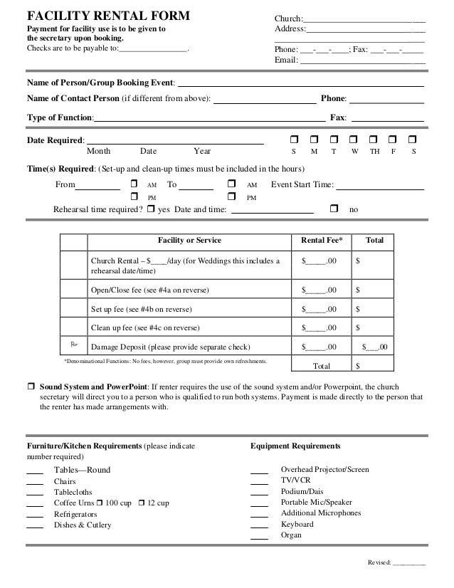 Church Rental Contract Template Church Facility Rental form