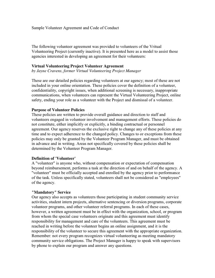 Code Of Conduct Contract Template Sample Volunteer Agreement and Code Of Conduct In Word and