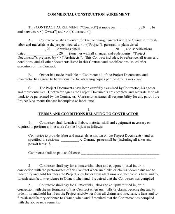 Commercial Building Contract Template Sample Construction Contract 15 Examples In Pdf Word