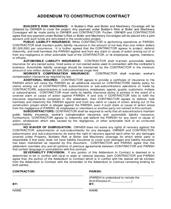 Construction Contract Addendum Template 10 Construction Contract forms Word Pdf