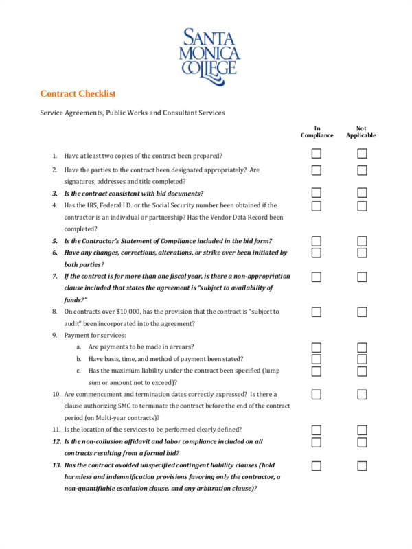 contract checklist sample