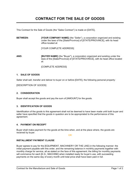 Contract for Sale Of Goods Template Free Contract for the Sale Of Goods Template Sample form