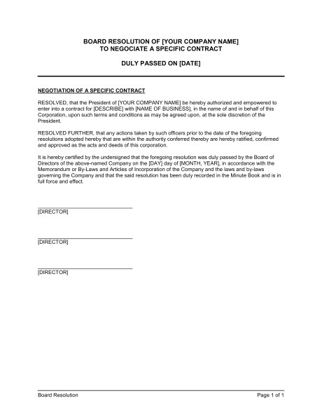 Contract Negotiation Template 1 Contract Negotiation Template Board Resolution to Negotiate A Specific Contract