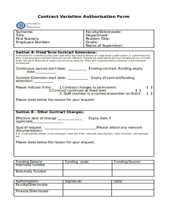 Contract Variation form Template Contract form Templates