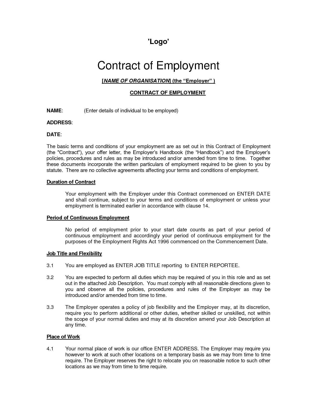 Contracts Of Employment Template Printable Sample Employment Contract Sample form Laywers