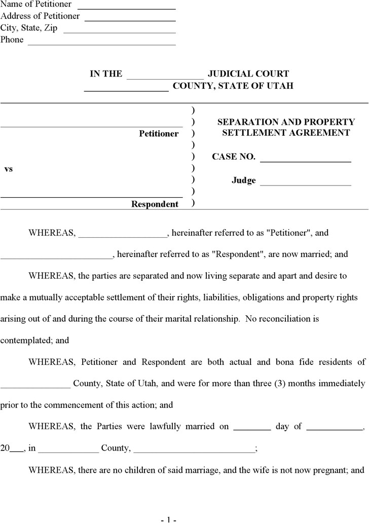 utah separation and property settlement agreement template
