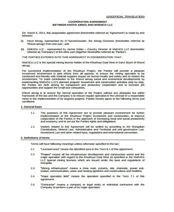 cooperation agreement templates
