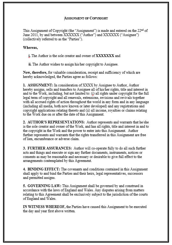 assignment of copyright form
