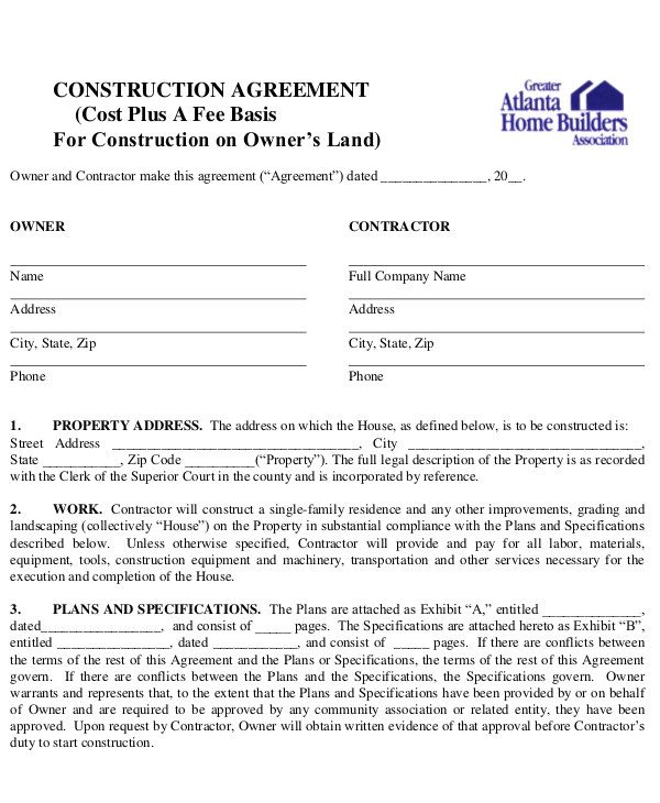 construction agreement template