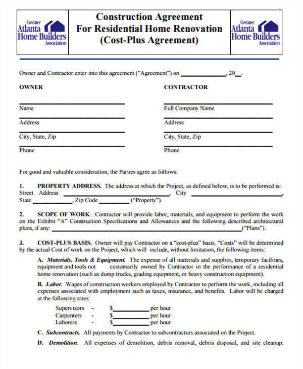 Cost Plus Building Contract Template 7 Construction Contract Templates Word Google Docs