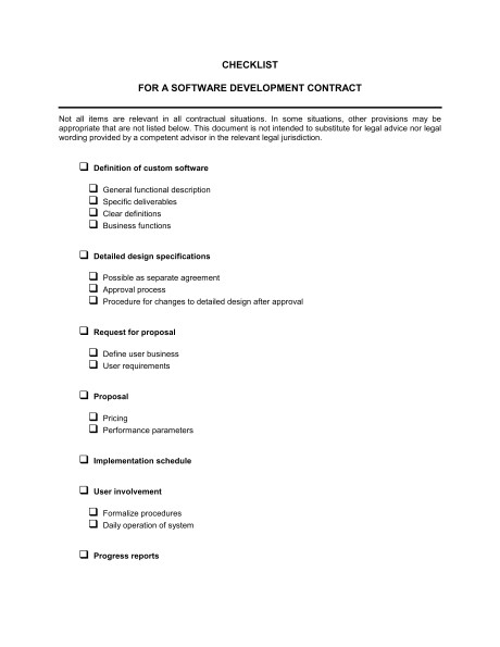 checklist software development contract d781