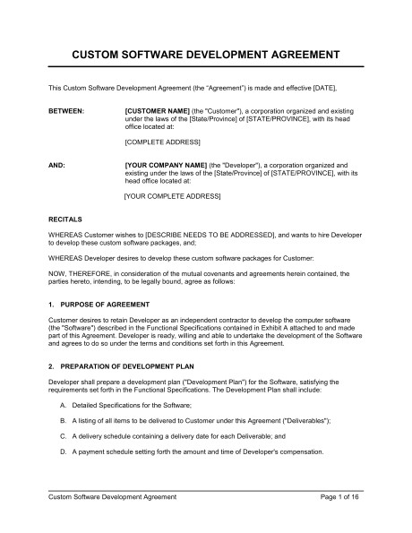 Custom software Development Contract Template Custom software Development Agreement Template Sample