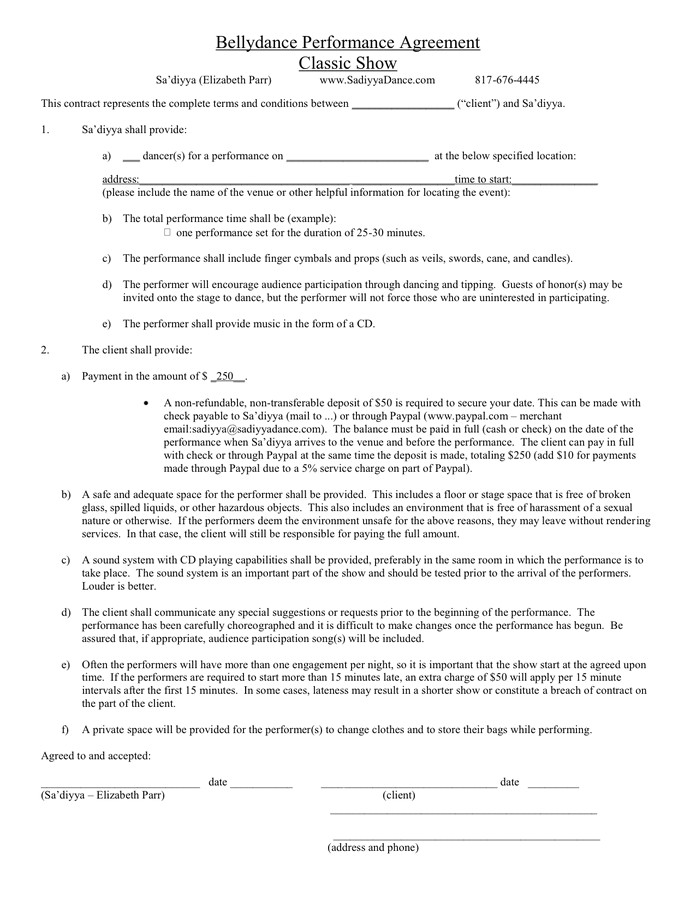 bellydance performance contract