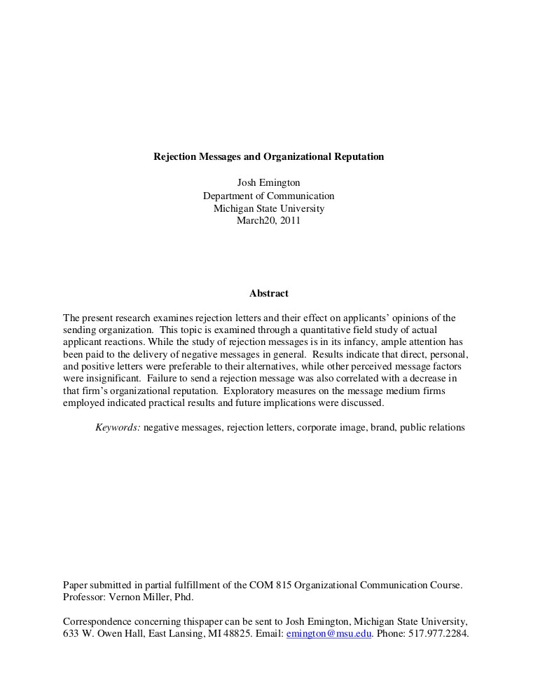 rejection messages and organizational reputation research proposal draft msu