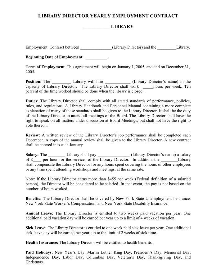 library director yearly employment contract template