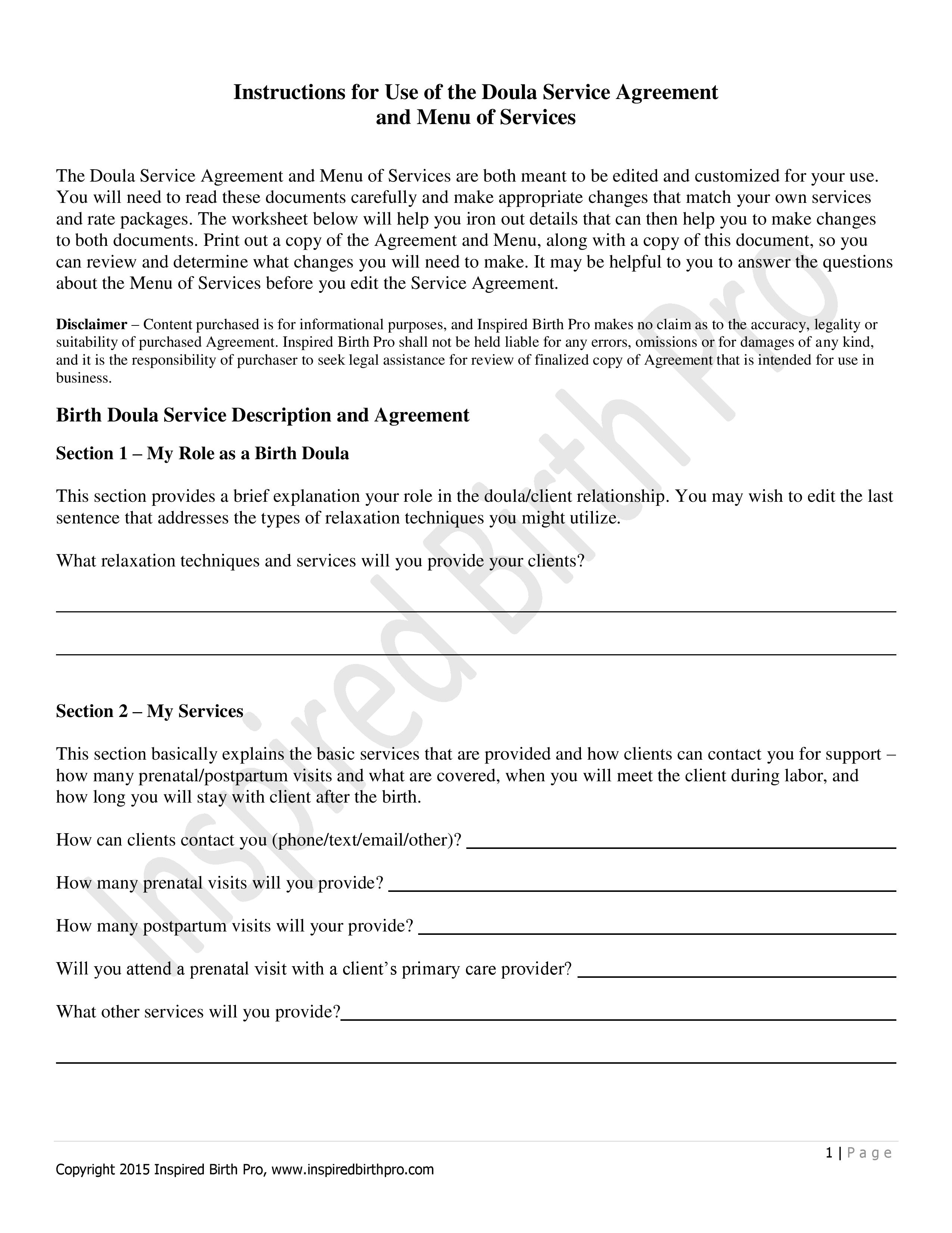 birth doula contract template