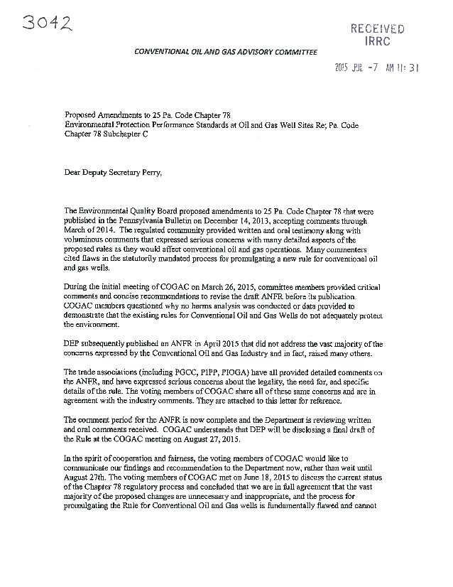 pa conventional oil and gas advisory committee letter to dep opposing new drilling rules