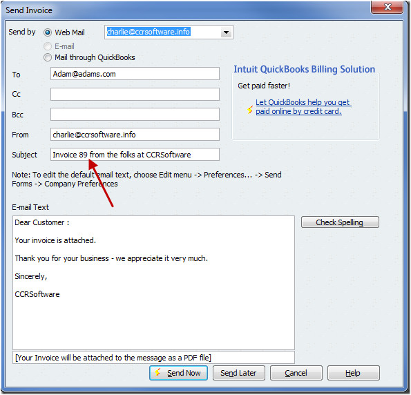 inserting the invoice number in a quickbooks email