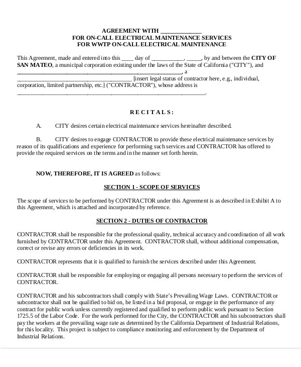 Electrical Contractor Contract Template Maintenance Agreement Templates 11 Free Word Pdf