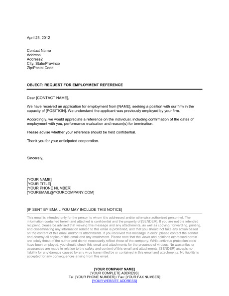 Email Template asking for Reference Request for Employment Reference Template Word Pdf