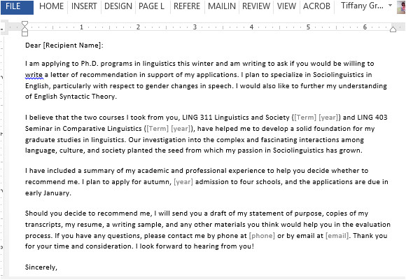 Email Templates for asking for A Letter Of Recommendation Letter Requesting Graduate School Recommendation Sample