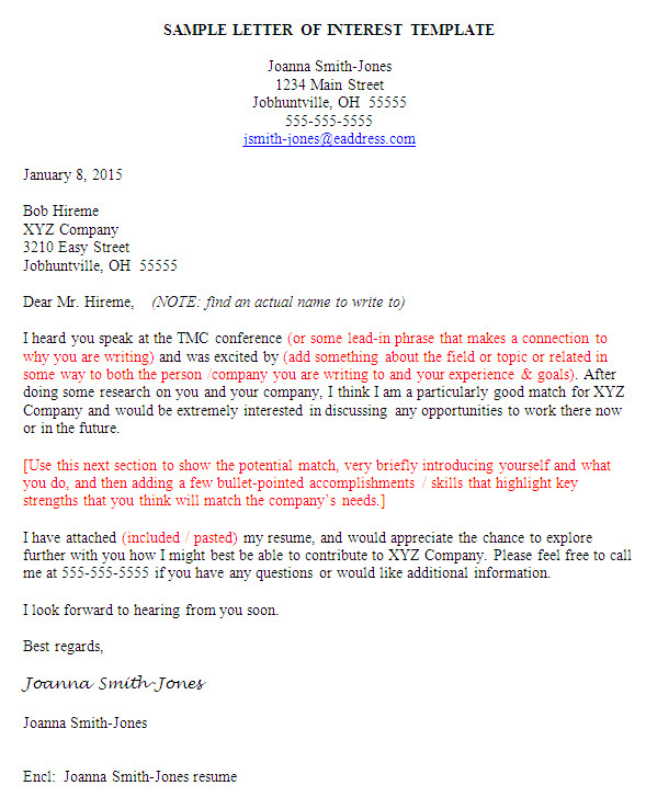 example of cold call letter of interest for a company or job template