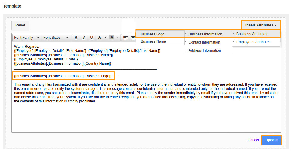 how do i customize email signature template in employees app