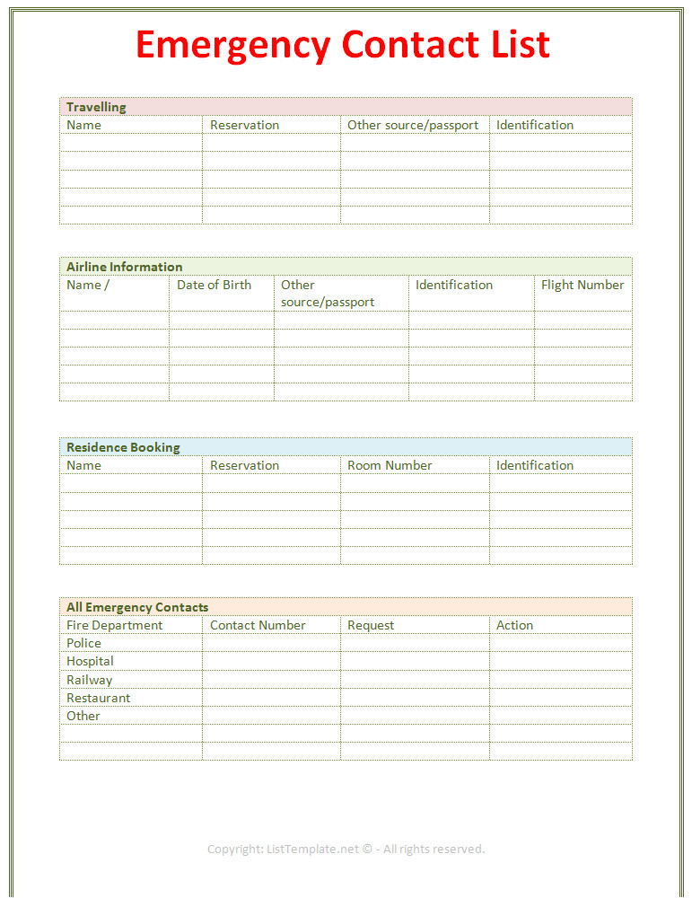 emergency contact list template light design