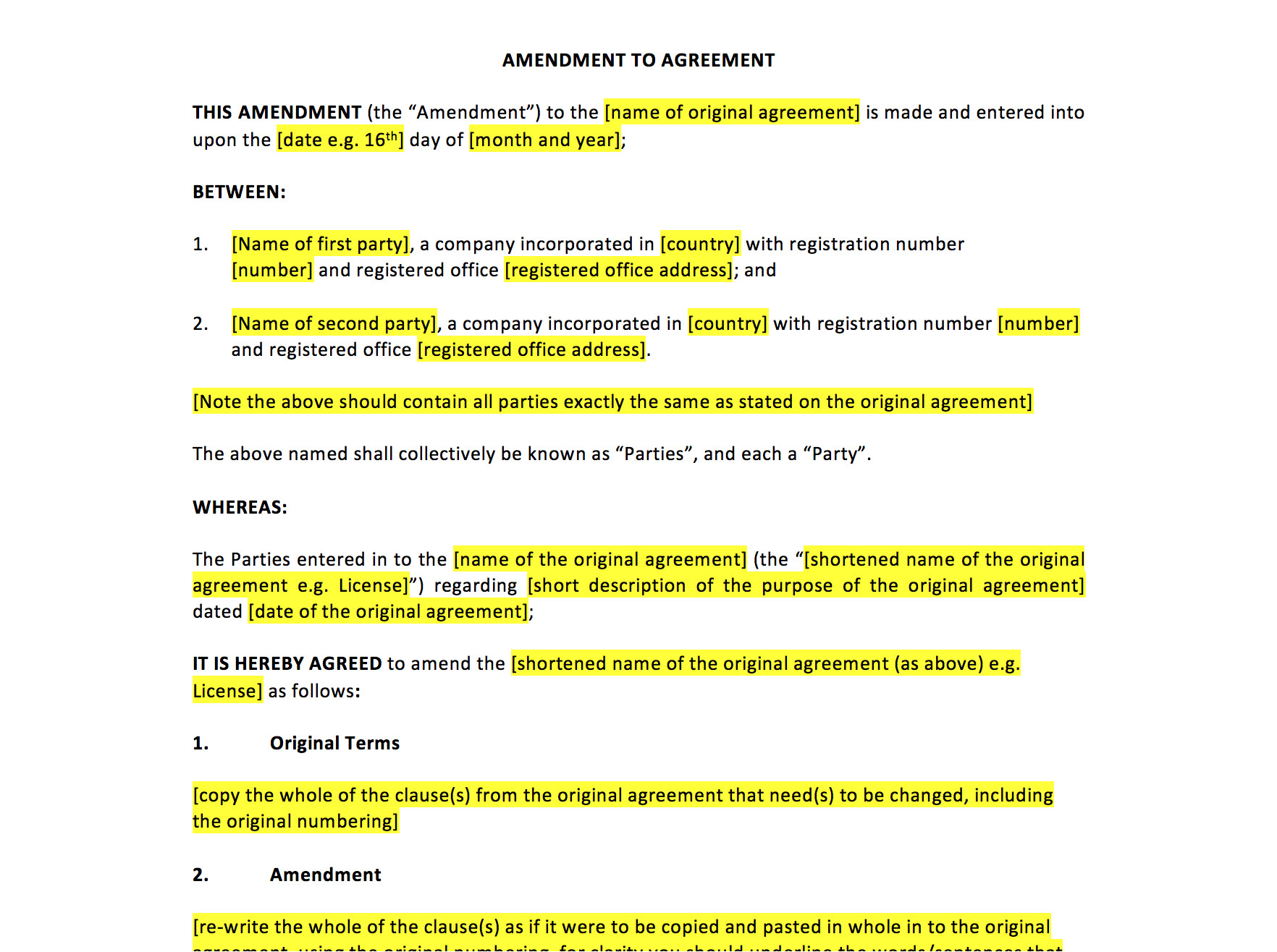 amendment to agreement template