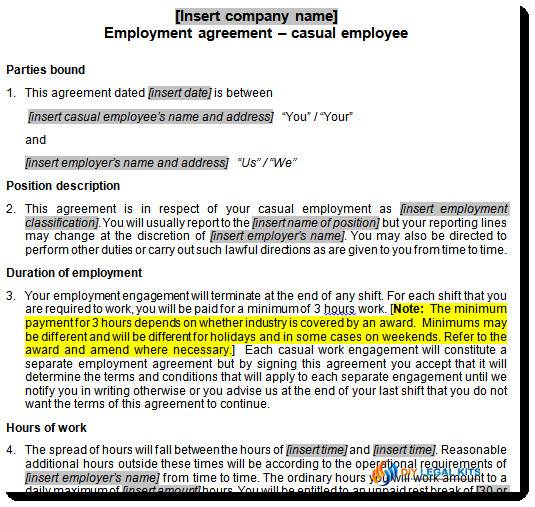 Employment Contract Template Australia Casual Employment Contract Template Australia
