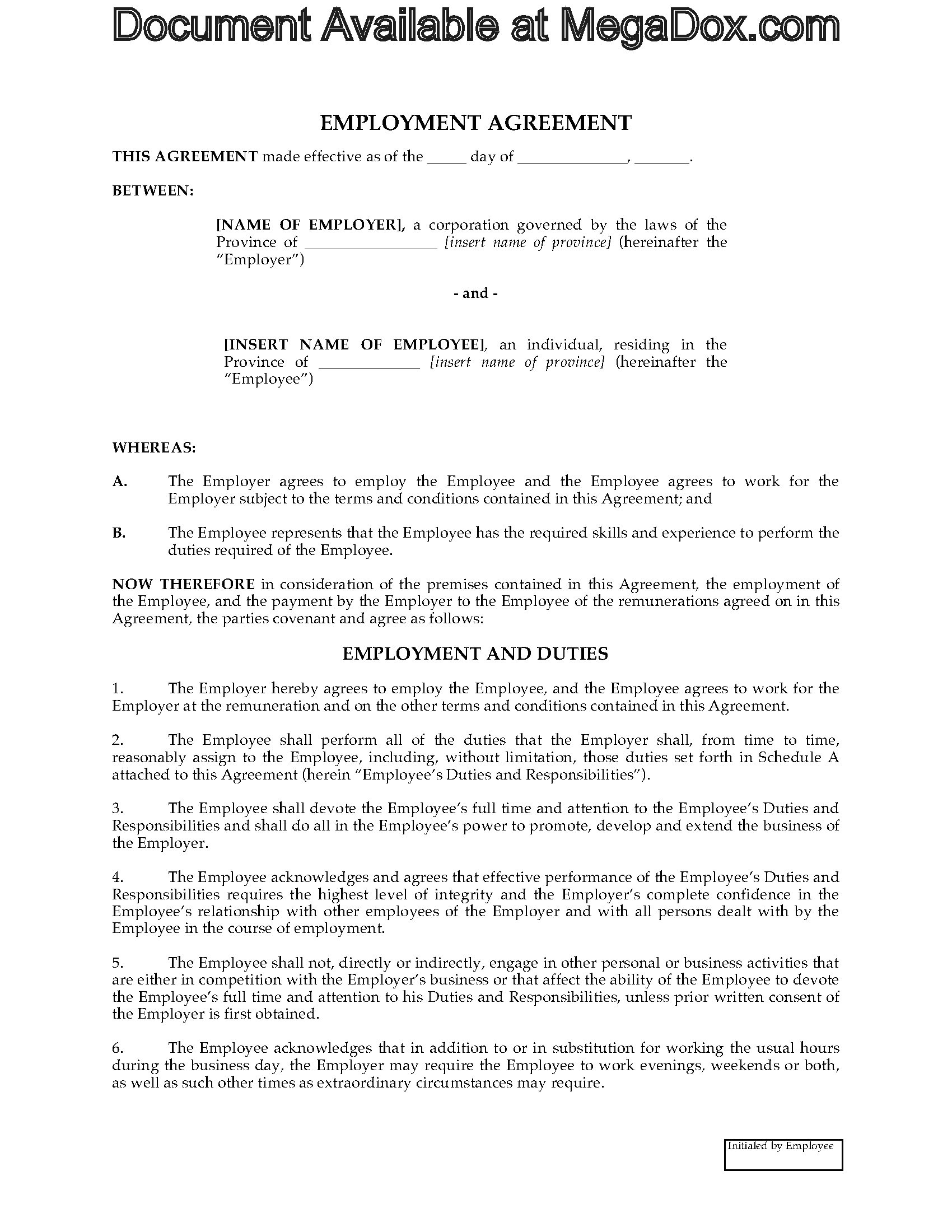 Employment Contract Template Canada Canada Employment Agreement Template Legal forms and