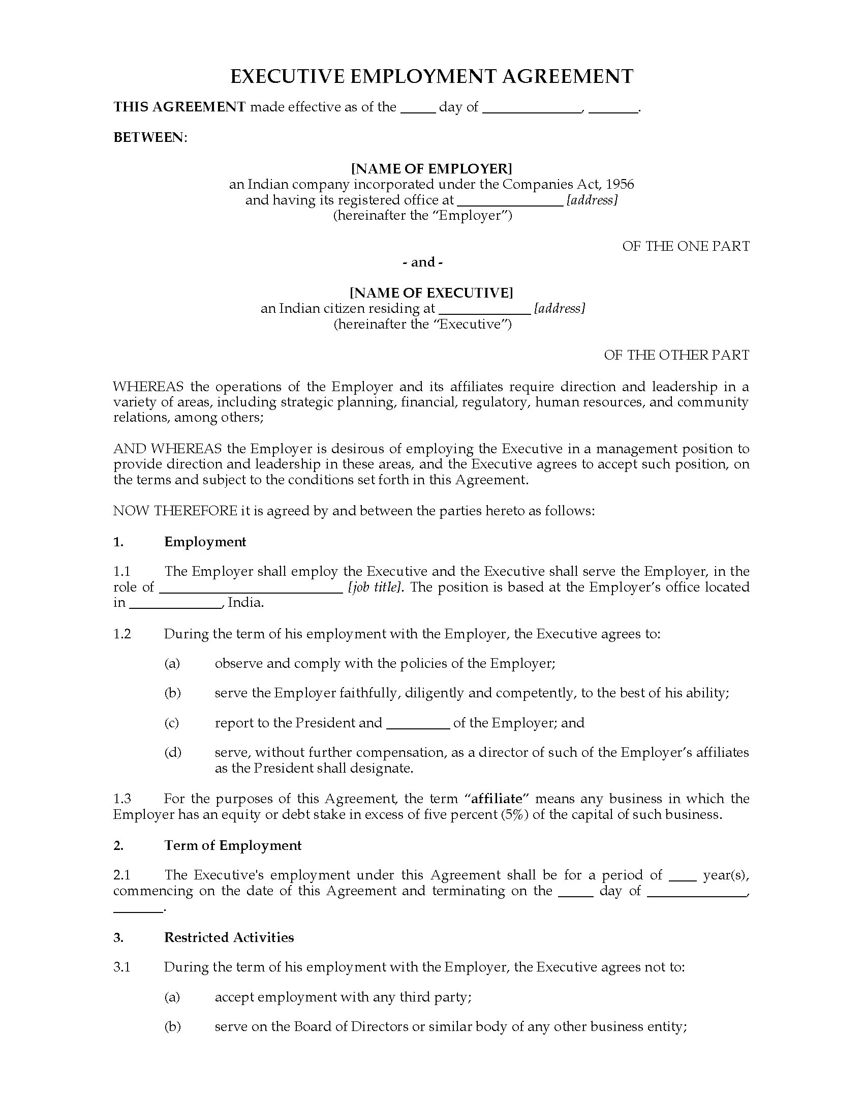 india employment agreement for executive job