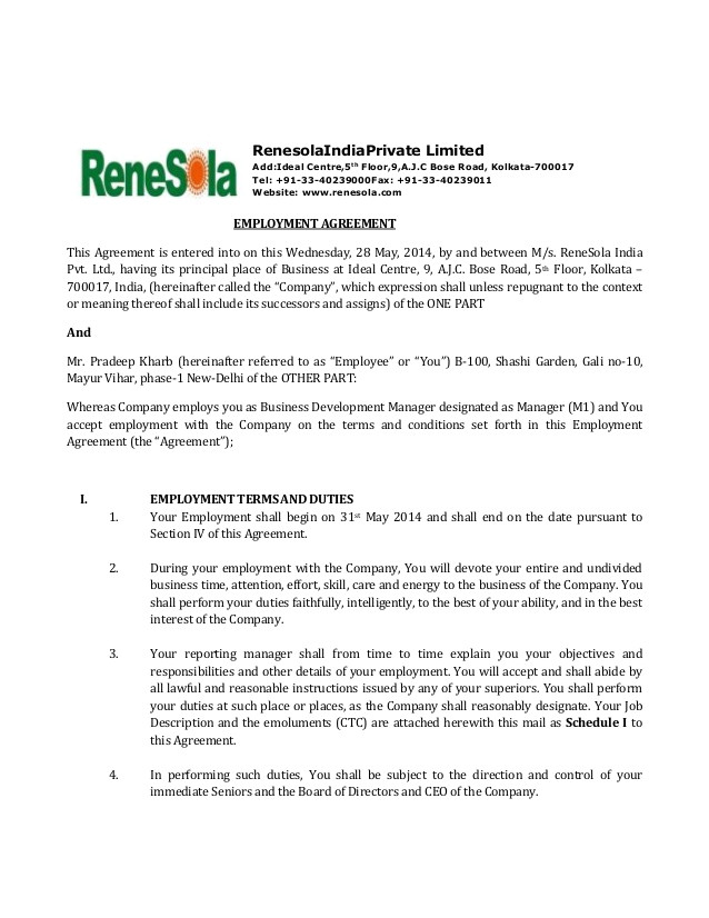 Employment Contract Template India Renesola India Employment Agreement