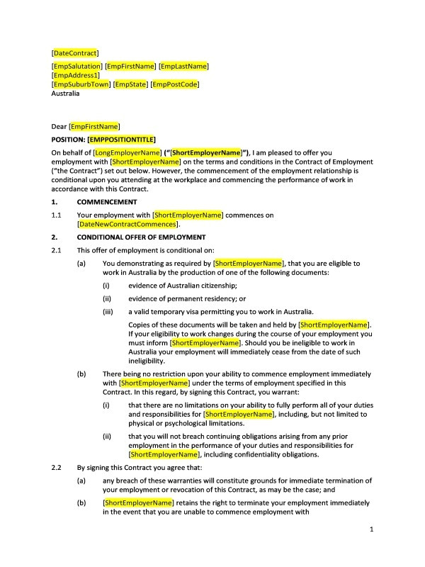 Employment Contract Template Nsw Employment Contracts Templates Australia Templates