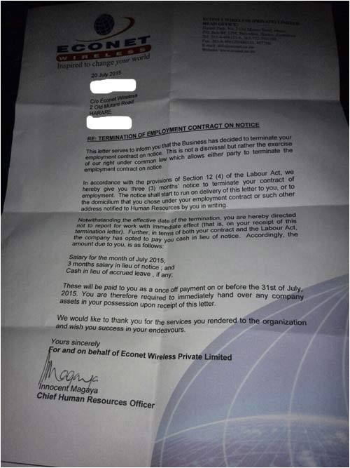 Employment Contract Template Zimbabwe Econet Employment Termination Letter Circulates On social
