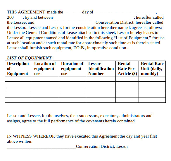 sample equipment lease agreement template