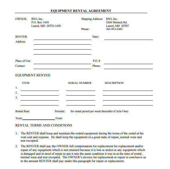 Equipment Rental Contract Template Word Sample Equipment Rental Agreement Template 15 Free