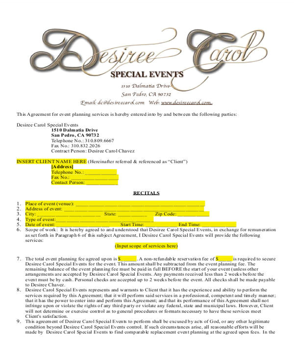 Event Planner Contract Template event Planner Contract Sample 14 Examples In Word Pdf