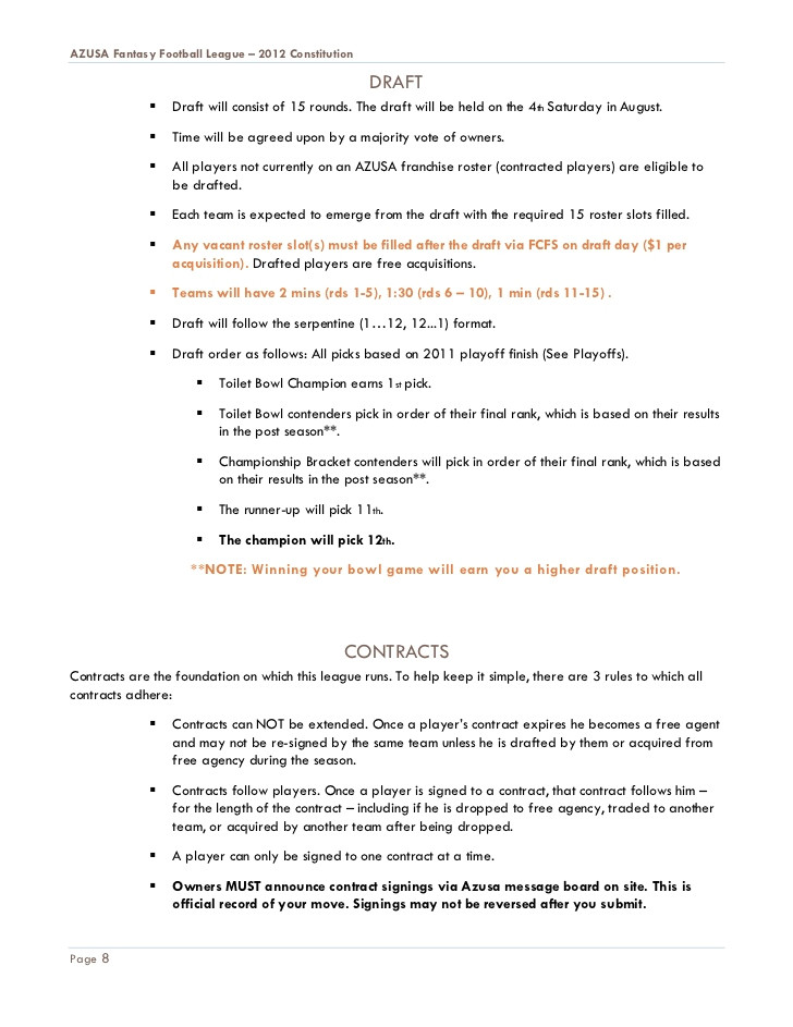 Fantasy Football Contract Template 2012 Azusa Constitution
