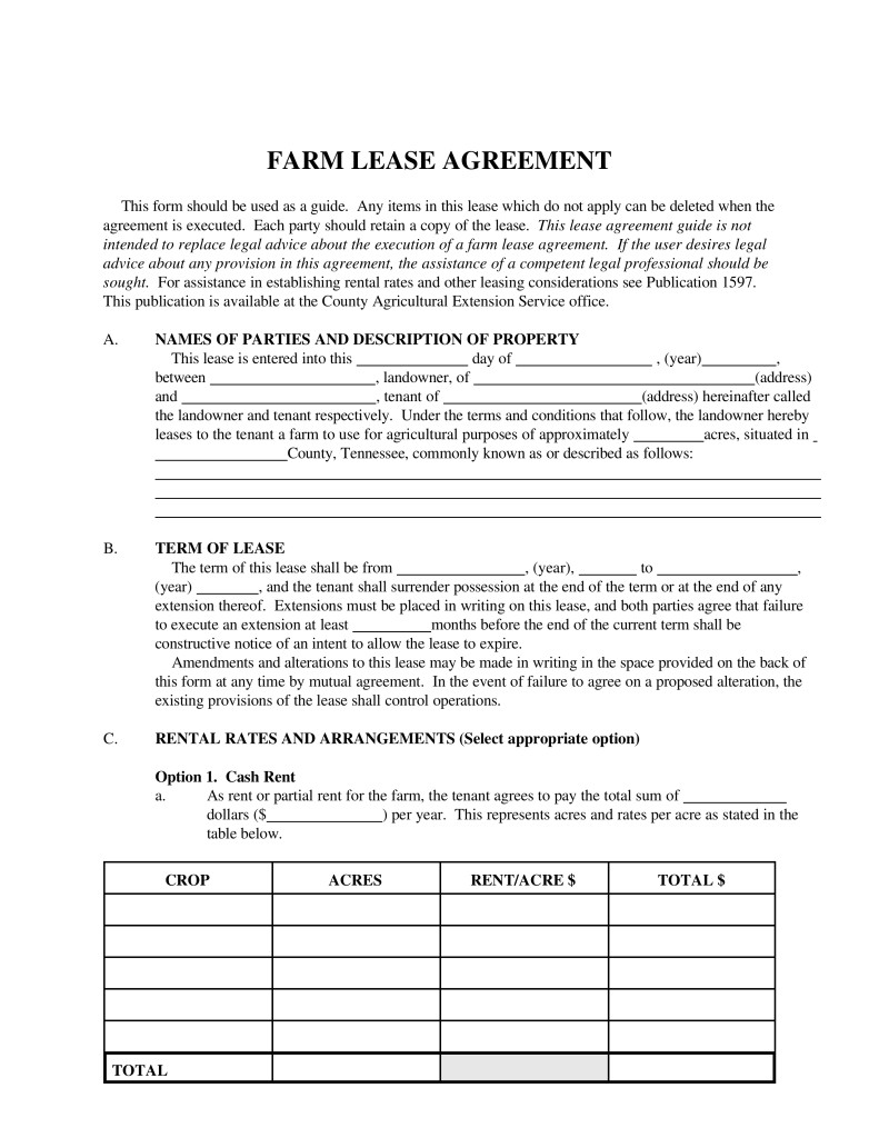 tennessee farm lease agreement template
