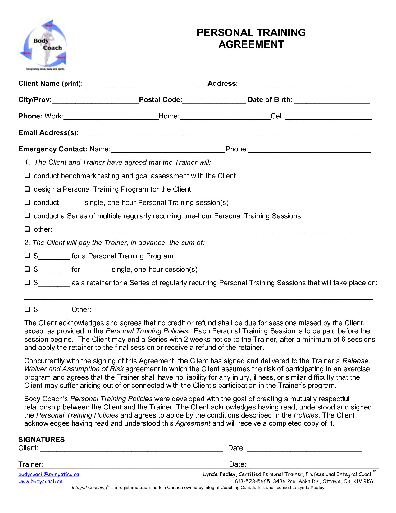 personal training contract template
