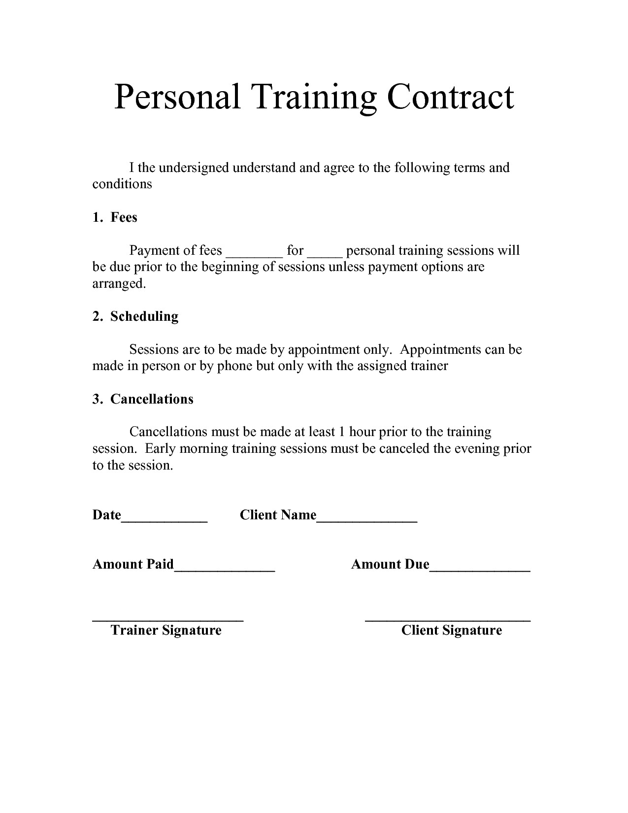 Fitness Instructor Contract Template Personal Training Contract Templates Five 1 Fitness