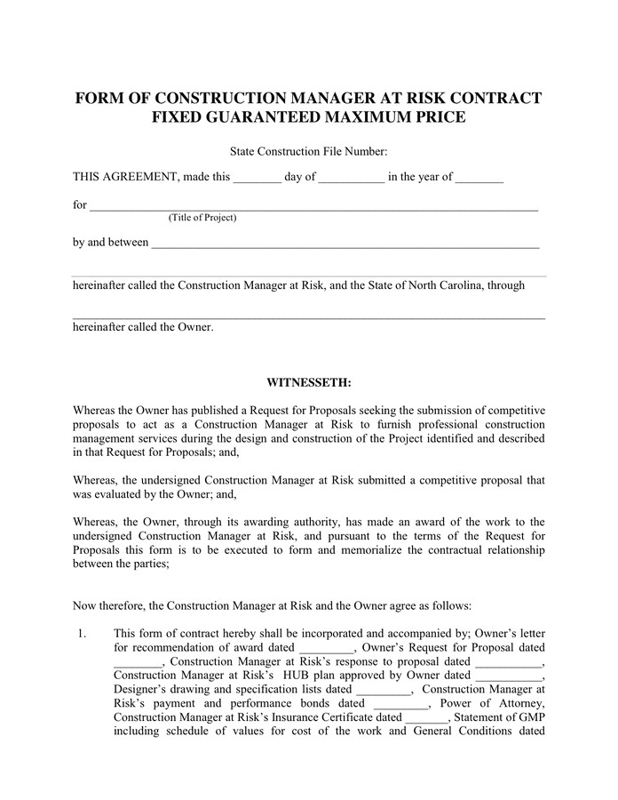 Fixed Price Construction Contract Template form Of Construction Manager Contract In Word and Pdf
