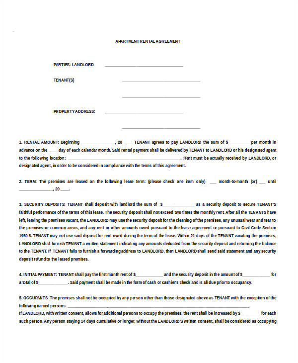 sample apartment rental agreement template pdf word