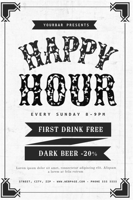 black and white happy hour flyer template