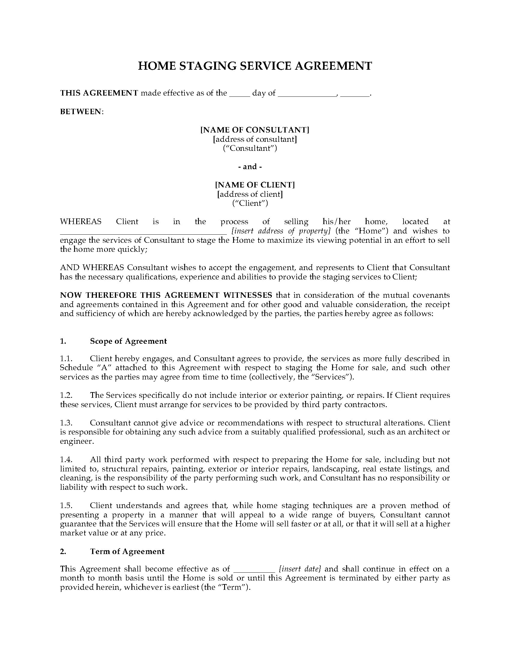 Free Home Staging Contract Template Home Staging Services Contract Legal forms and Business