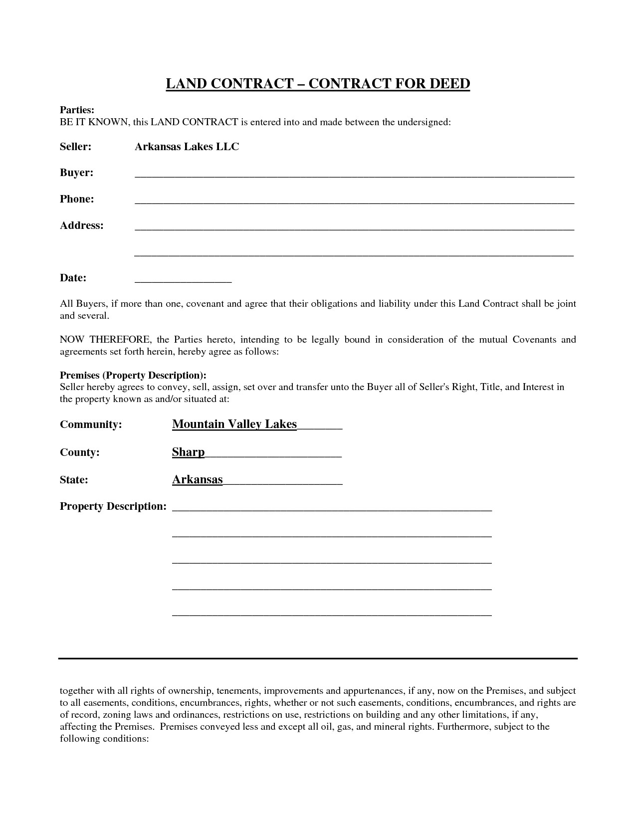 simple yet best blank land contract form for deed with parties and buyer information and property description